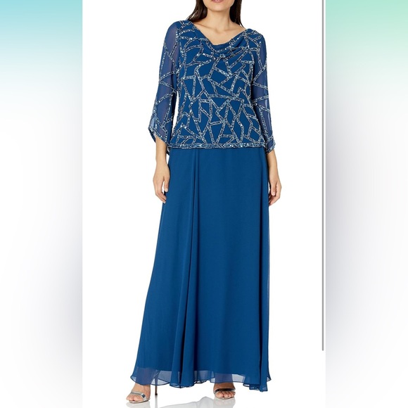 J Kara Dresses & Skirts - NWT • J Kara • Cowl Neck 3/4 Sleeve Geometrical Beading Mock Flair Dress • 12